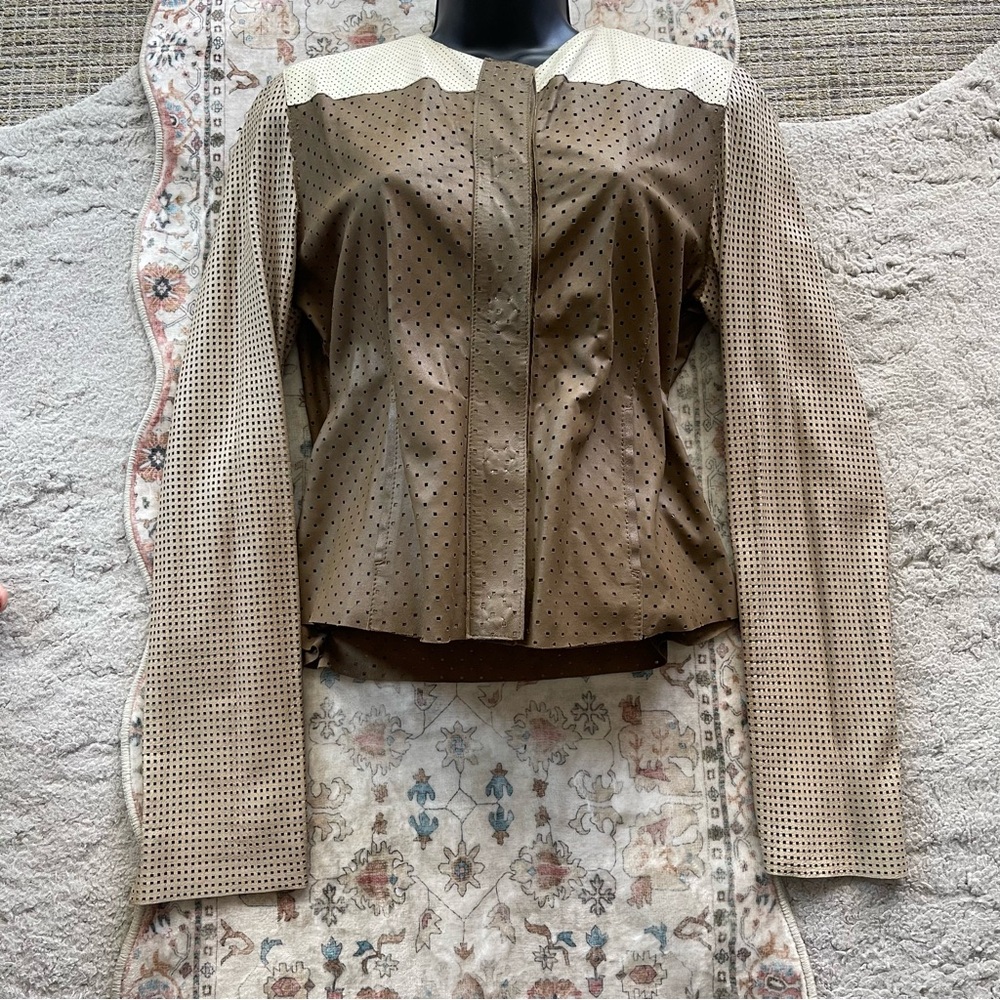 Fendi Two-Tone Perforated Leather Jacket in Brown and Cream